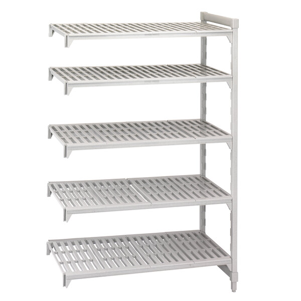 A white Cambro Camshelving® Premium vented add on shelf with four shelves.
