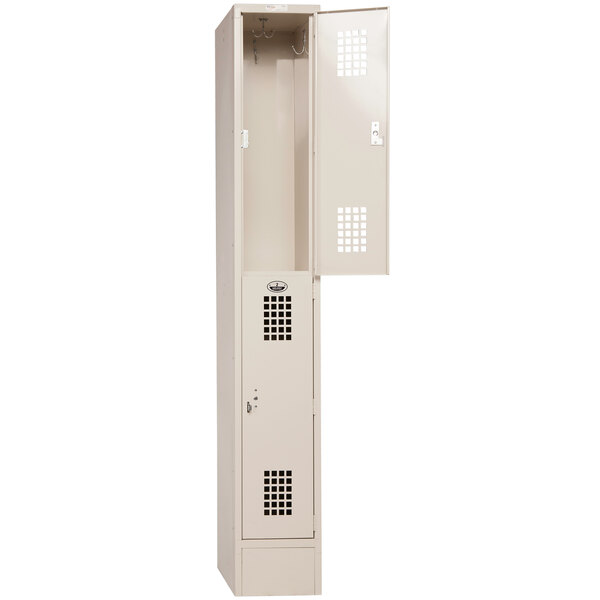 A white metal Winholt locker with open doors.