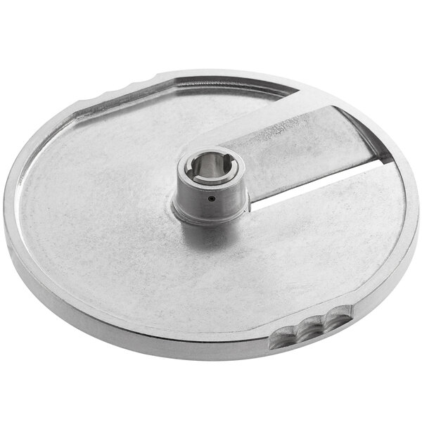 A circular metal AvaMix 3/8" slicing disc with a hole in the center.