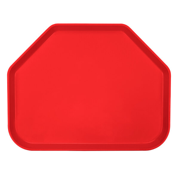 A red trapezoid shaped Cambro cafeteria tray.