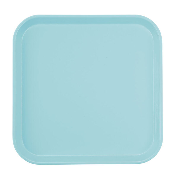 A square sky blue tray with a white border.