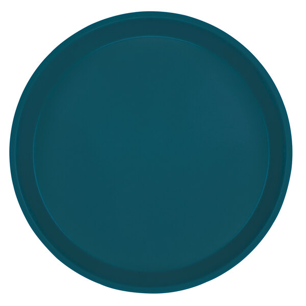 A round blue Cambro fiberglass tray with a black border.