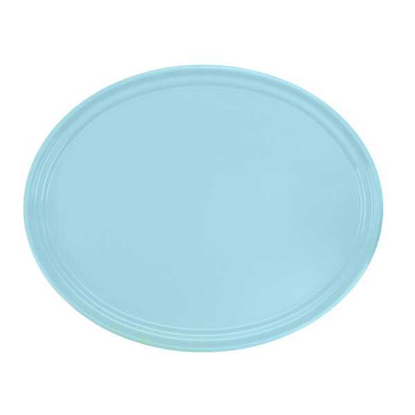 A sky blue oval plastic tray with white edges.