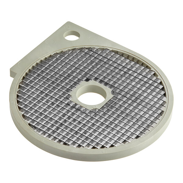 A circular metal grid for an AvaMix food processor with holes.