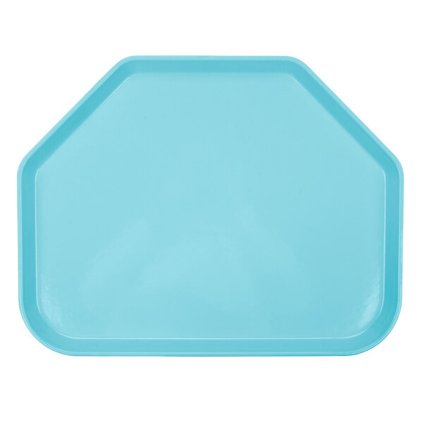 A blue plastic trapezoid shaped Cambro cafeteria tray.