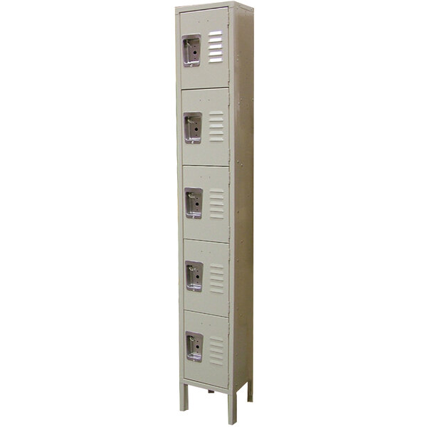 A beige metal locker with five tiers and a single door.