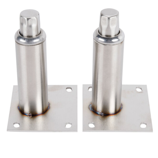 Two stainless steel square metal plates with holes.