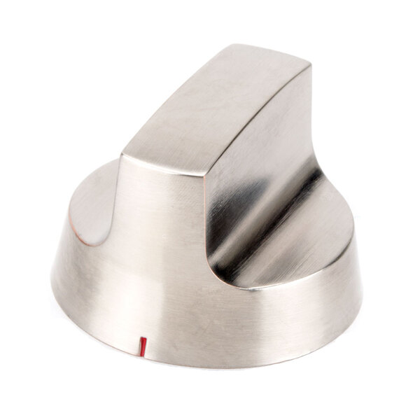 A silver knob with a red dot.