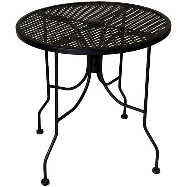 An American Tables & Seating black round table with umbrella hole and mesh top.