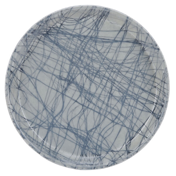 A round gray Cambro cafeteria tray with black swirls.