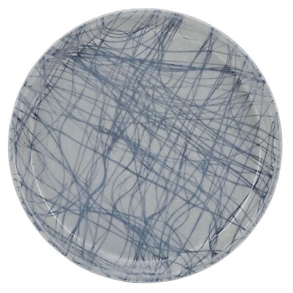 A round gray Cambro fiberglass tray with black swirls on it.