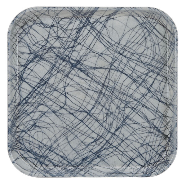 A Cambro square gray fiberglass tray with a blue and white swirl pattern.