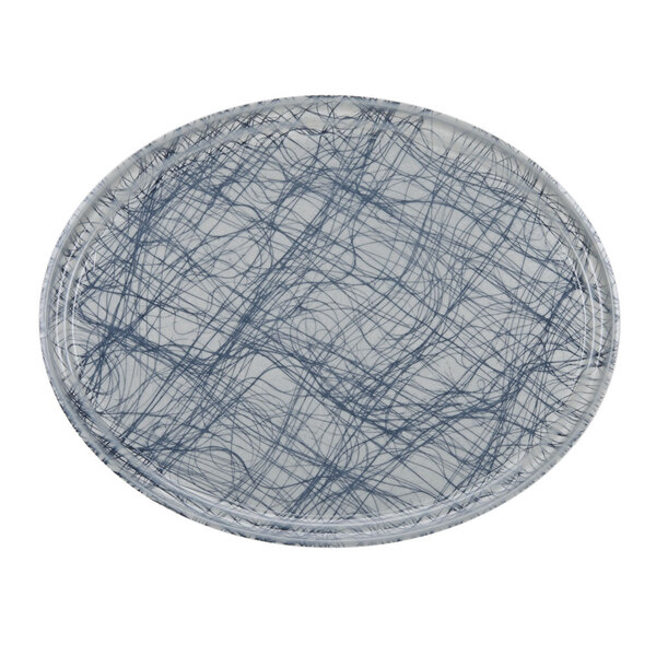 A white oval Cambro tray with blue swirl lines.
