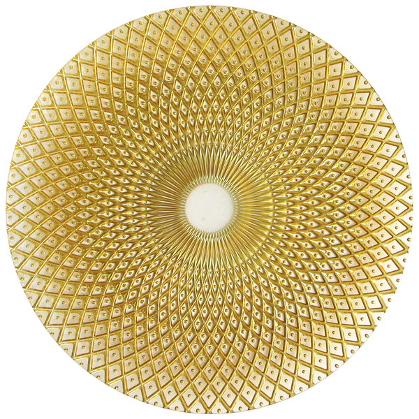 A round gold glass charger plate with a circular pattern around a white center.