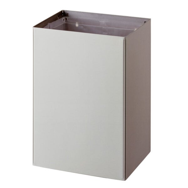 A white rectangular Bobrick stainless steel waste receptacle with a lid.