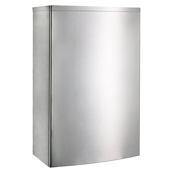 A stainless steel rectangular waste receptacle with a door open.
