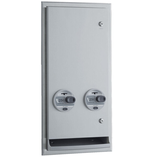 A white rectangular metal wall mounted lock box with two doors.