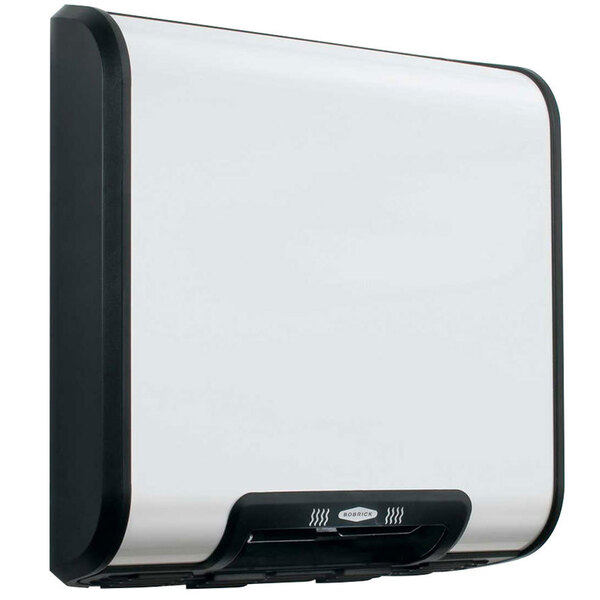 A white Bobrick QuietDry surface mount hand dryer with black accents on a white wall.
