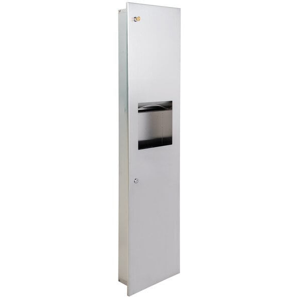 A stainless steel Bobrick TrimLineSeries rectangular paper towel dispenser and waste receptacle with a door.