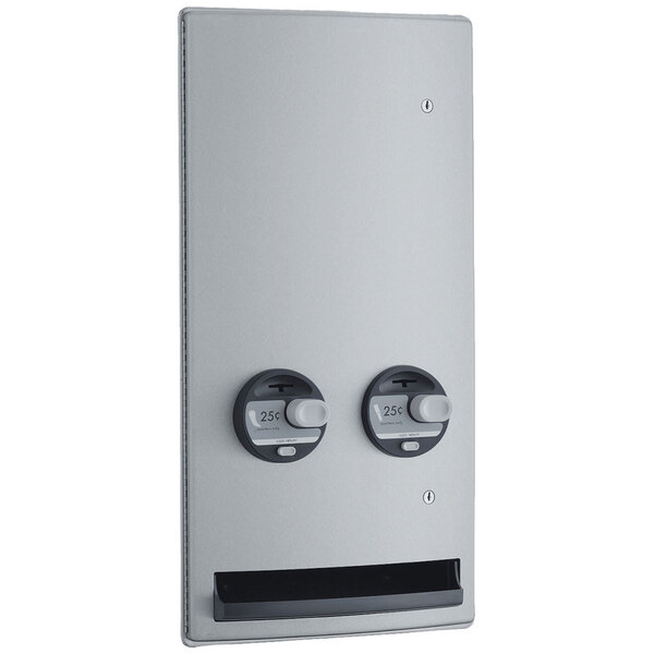 A white Bobrick ConturaSeries recessed napkin/tampon vendor with two doors and buttons.