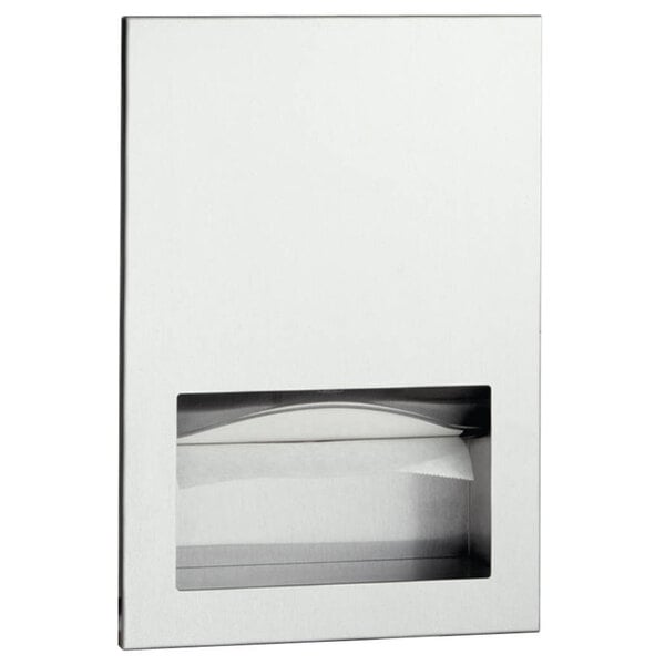 A white rectangular Bobrick paper towel dispenser with a transparent window.