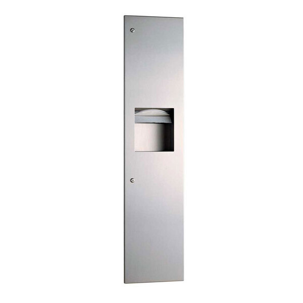 A stainless steel rectangular Bobrick paper towel dispenser with a hole in the middle.