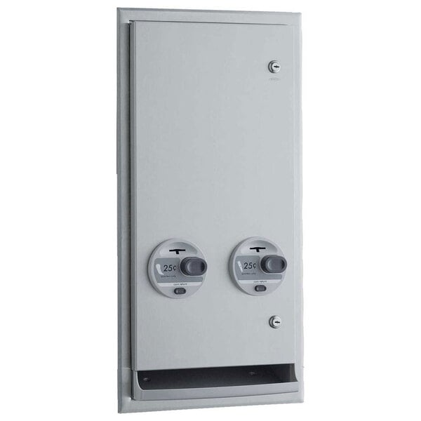 A white metal Bobrick TrimLine Series lock box with two doors and buttons and numbers.