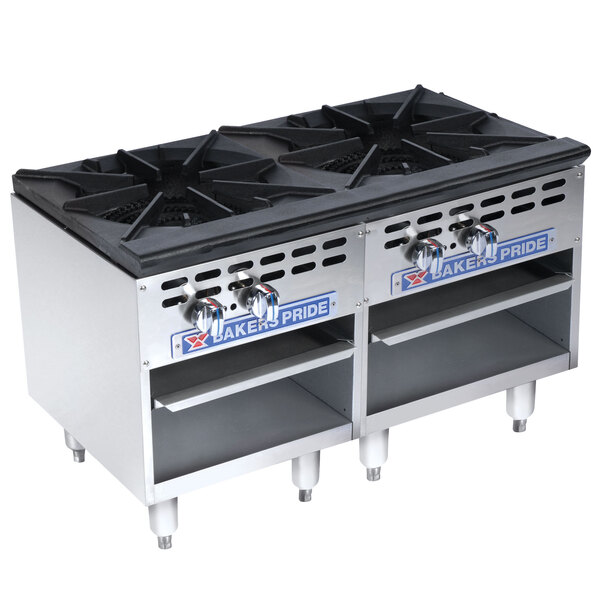 A Bakers Pride stainless steel stock pot range with two side-by-side burners.