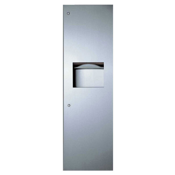 A stainless steel rectangular waste receptacle with a door.