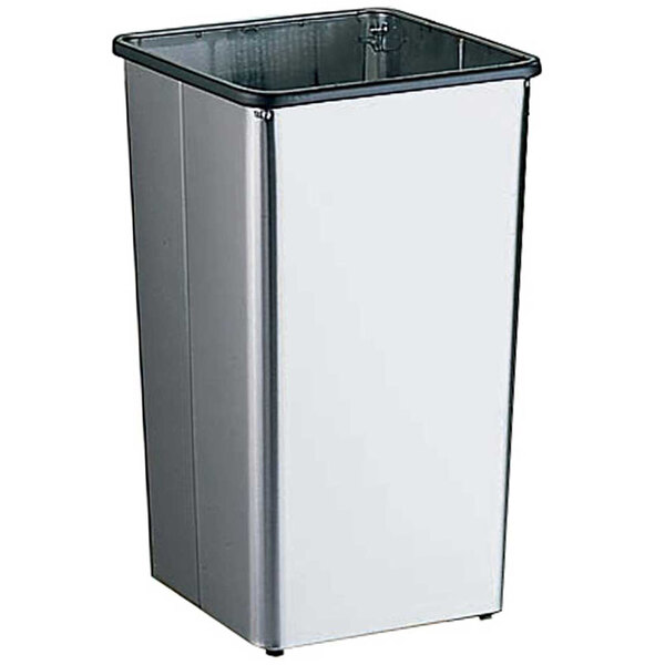 A silver rectangular Bobrick waste receptacle with an open top.