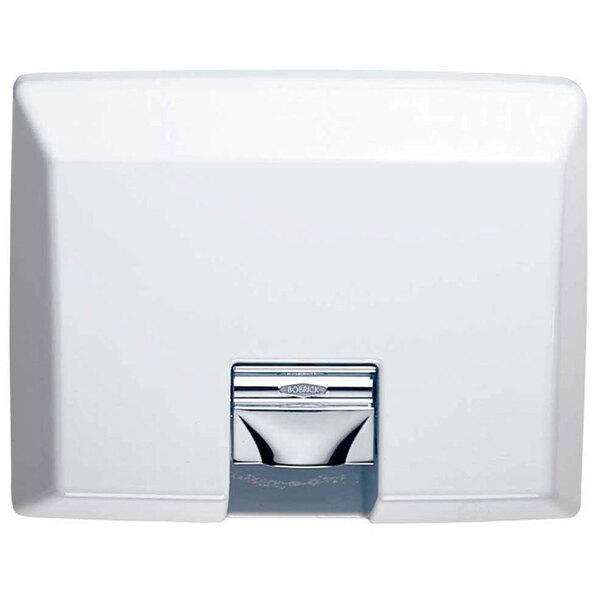 A white rectangular Bobrick hand dryer with a silver nozzle.