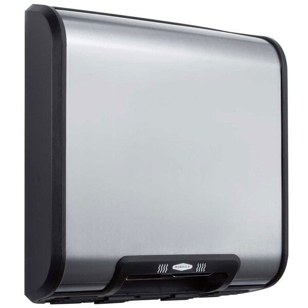 A silver and black stainless steel Bobrick TrimDry no-touch surface mount hand dryer.