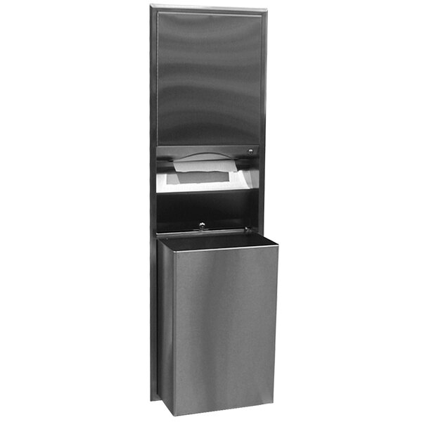 A rectangular stainless steel Bobrick paper towel dispenser and waste receptacle.