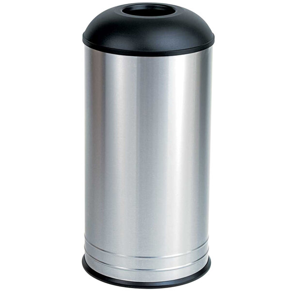 A silver and black Bobrick floor standing waste receptacle with a dome top.