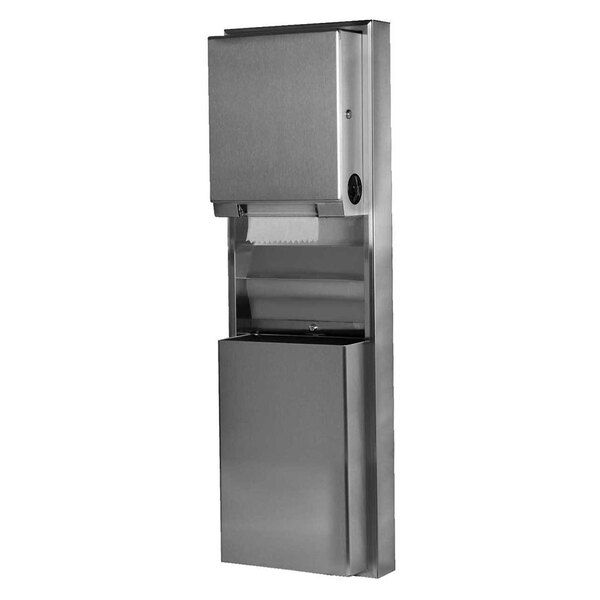 A silver metal rectangular box with a Bobrick paper towel dispenser.