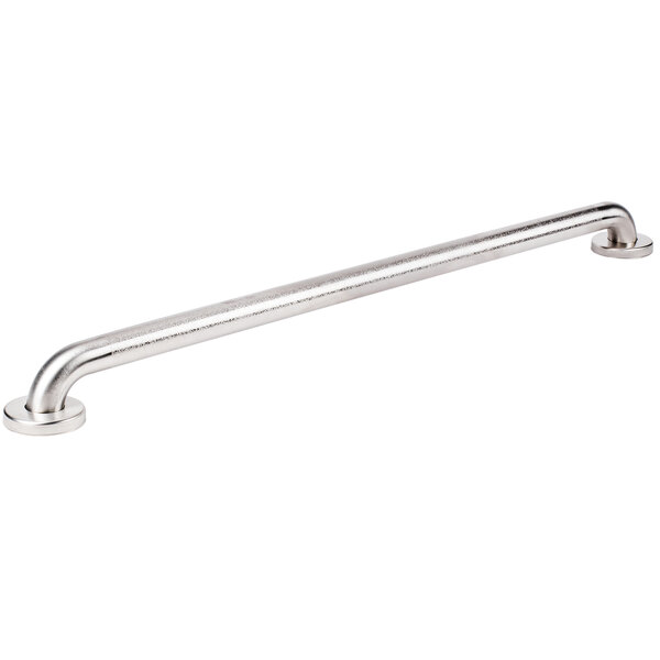 A stainless steel Bobrick grab bar with peened grip.