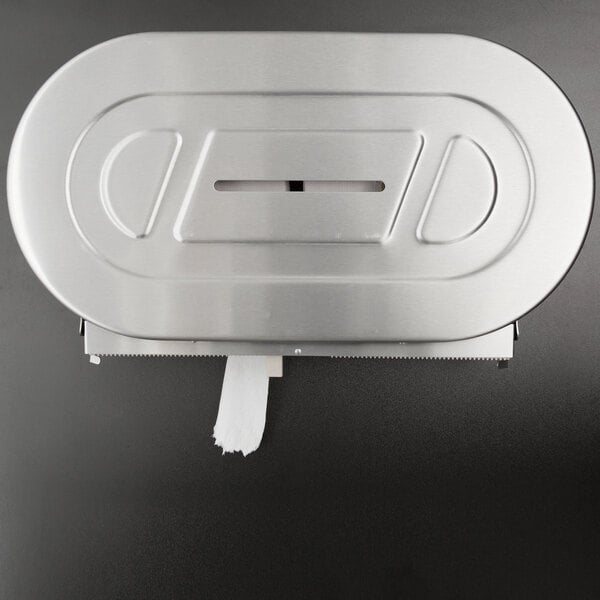 A silver rectangular Bobrick twin jumbo roll toilet paper dispenser.