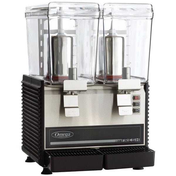 A white Omega refrigerated beverage dispenser with two clear containers on top.