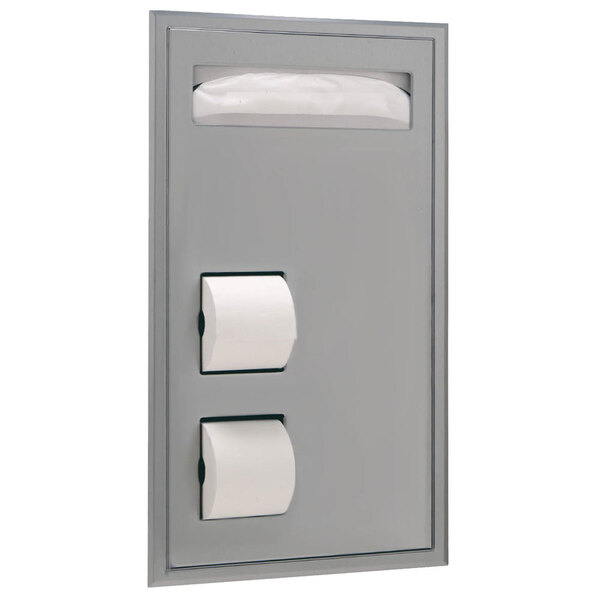 A gray rectangular Bobrick toilet paper dispenser with two rolls of toilet paper.