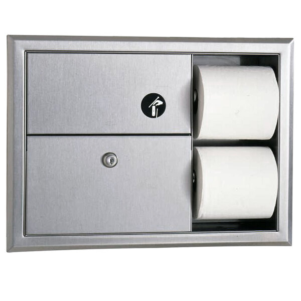 A Bobrick combination toilet tissue dispenser and sanitary napkin disposal unit with two rolls of toilet paper in it.