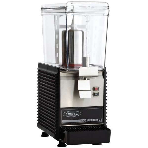 A black and silver Omega refrigerated beverage dispenser with a clear container on top.