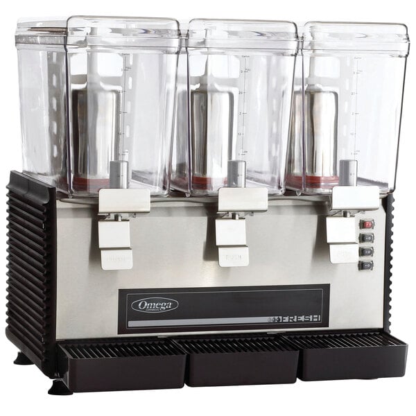 An Omega refrigerated beverage dispenser with three containers.