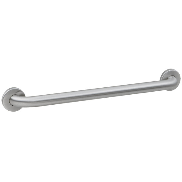 A stainless steel Bobrick handicapped restroom grab bar with a satin finish and round ends.