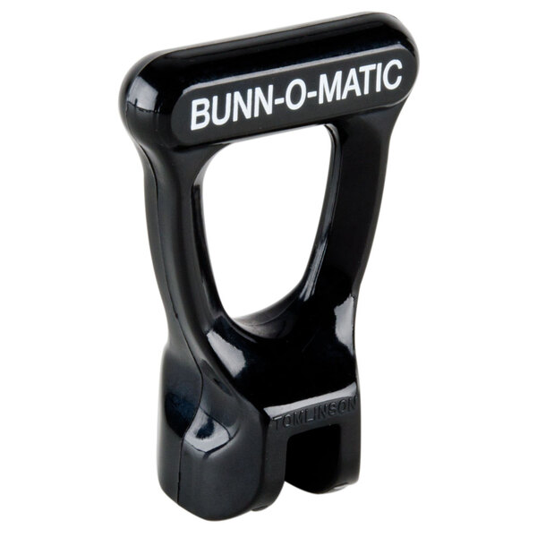 A black plastic Bunn faucet handle with white text.