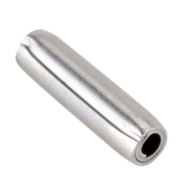 A silver metal cylindrical pin with a hole in it.