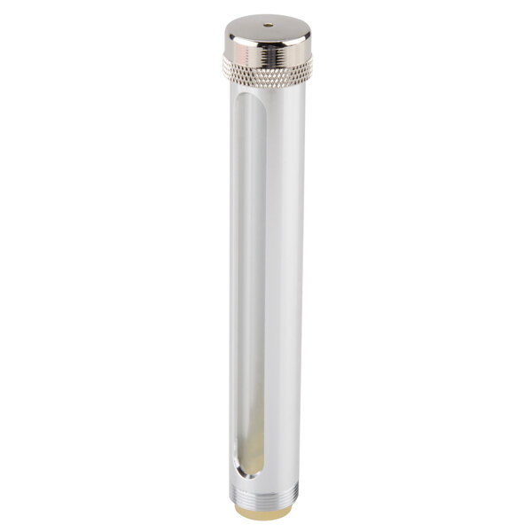 A silver metal cylinder with a silver cap.