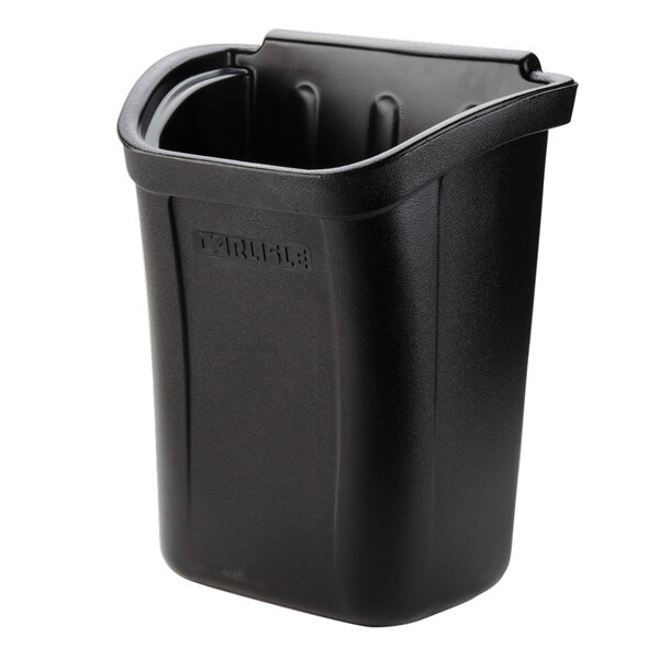 A black plastic Carlisle trash bin with a curved top.
