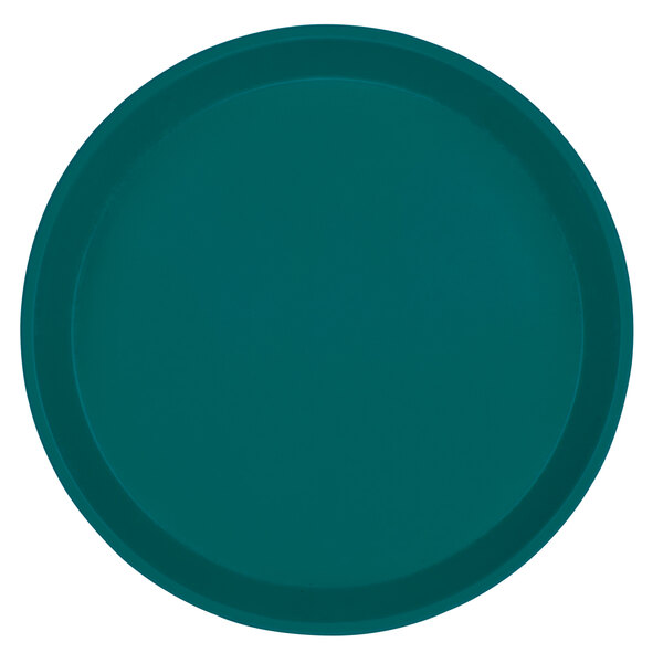 A teal round Cambro tray with a white background.