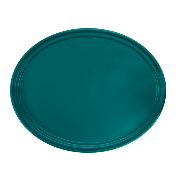 A teal oval Cambro tray with a white background.
