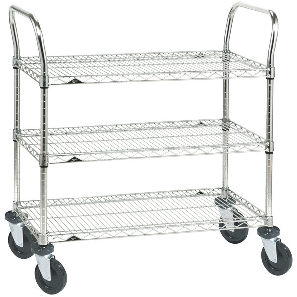 A Metro Super Erecta brite metal utility cart with three shelves and rubber casters.